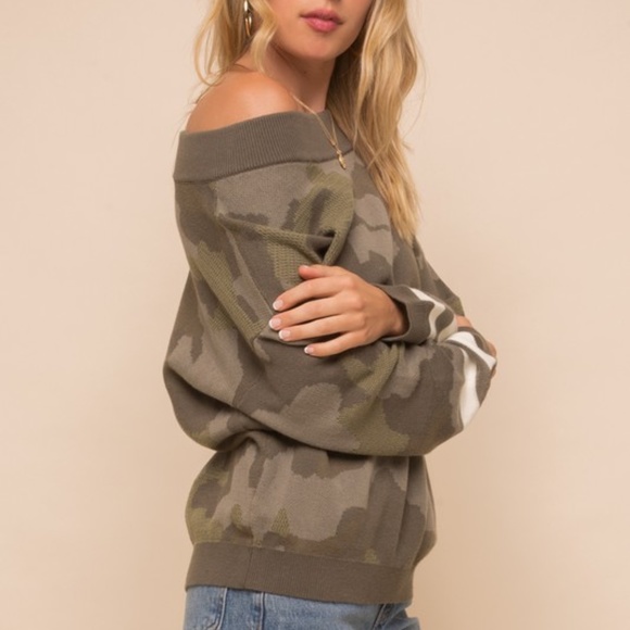 Cozy Olive Off Shoulder Camo Sweater Top - Picture 2 of 7